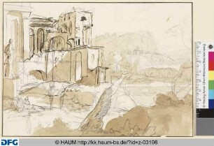 Italienische Landschaft mit verfallendem Palast links