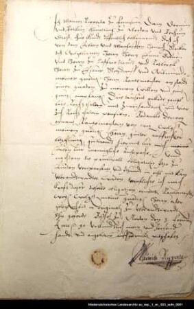 Maurits Ripperda, Häuptling auf Farmsum, Dornum und Petkum, quittiert dem Rentmeister Heinrich Stricker des Grafen Enno von Ostfriesland und Rietberg die Rückzahlung einer Anleihe in Höhe von 3000 Reichstalern Ausstellungsort: Norden Aufgedrücktes Siegel verloren; Unterschrift