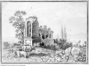 Landschaft mit Kühen und Ruinen