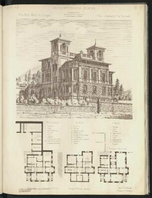 Villa Felix Müller in Stuttgart. Ansicht, Grundrisse Erdgeschoss, 1. u. 2. Stock