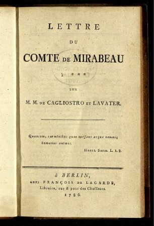 Lettre Du Comte De Mirabeau à *** Sur M. M. De Cagliostro Et Lavater