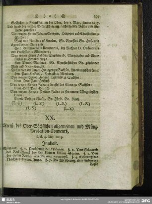 XX. Receß des Ober-Sächsischen allgemeinen und Münz-Probation-Convents, d. d. 4. Maii 1619