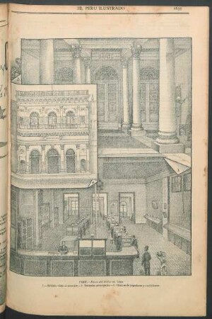 [Vista de] Perú - Banco del Callao en Lima : 1. - Edificio visto al exterior. 2. - Entradas principales. 3. - Oficinas de pagadores y recibidores.
