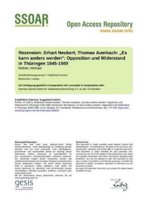 Rezension: Erhart Neubert; Thomas  „Es kann anders werden“: Opposition und Widerstand in Thüringen 1945-1989