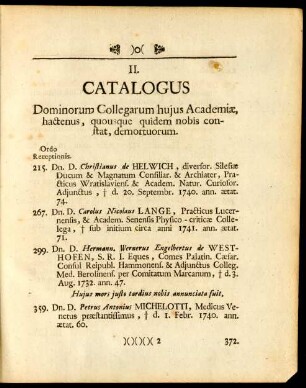II. Catalogus Dominorum Collegarum hujus Academiae hactenus, quousque quidem nobis constat, demortuorum