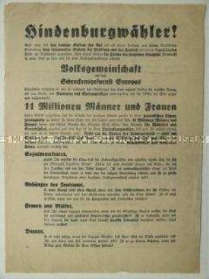 Wahlaufruf der NSDAP zur Reichspräsidentenwahl 1932 mit Blickrichtung auf alle Hindenburgwähler