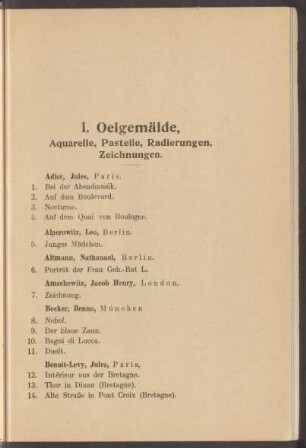 I. Oelgemälde, Aquarelle, Pastelle, Radierungen, Zeichnungen