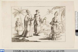 Drei orientalische Frauen und ein Mann mit einer Frucht in der Hand