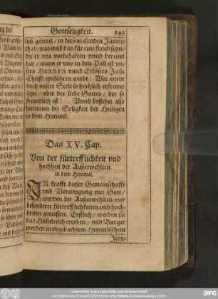 Das XV. Cap. Von der fürtrefflichkeit und hochheit der Außerwehlten in dem Himmel.