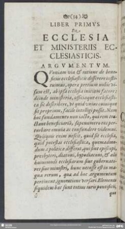 Liber Primus De Ecclesia Et Ministeriis Ecclesiasticis