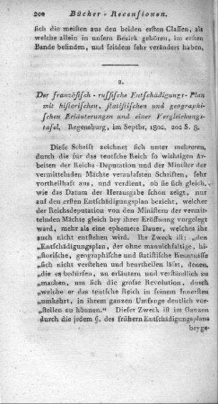 Der Französisch-Russische Entschädigungs-Plan : mit historischen, geographischen und statistischen Erläuterungen und einer Vergleichungs-Tafel / [Adam Christian Gaspari]. - Regensburg [i.e. Hamburg], 1802