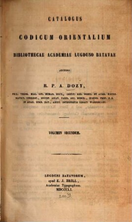 Catalogus codicum orientalium Bibliothecae Academiae Lugduno-Batavae, 2