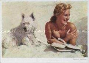 Frau mit Hund am Strand