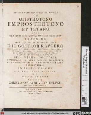 Dissertatio Inavgvralis Medica De Opisthotono, Emprosthotono Et Tetano