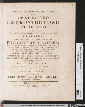 Dissertatio Inavgvralis Medica De Opisthotono, Emprosthotono Et Tetano