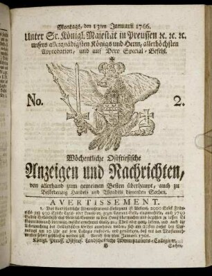 No. 2. Montags, den 13ten Januarii 1766.