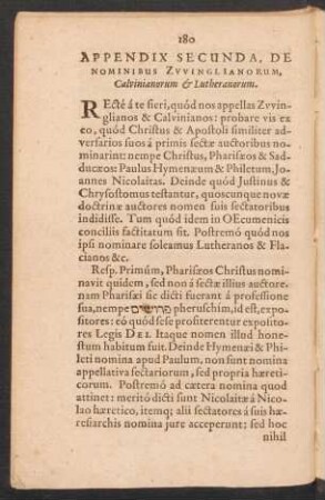 Appendix Secunda, De Nominbus Zwinglianorum, Calvinianorum et Lutheranorum.