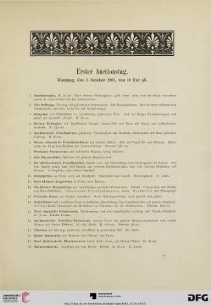 Erster Auctionstag. Dienstag, den 1. October 1901, von 10 Uhr ab (Nr. 1-164)