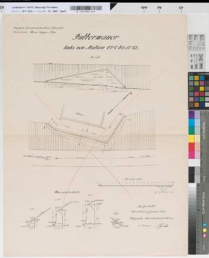 Futtermauer links von Stat. 63+2 bis 63+23: Ansicht, Grundriß, Schnitte, M. 1:100