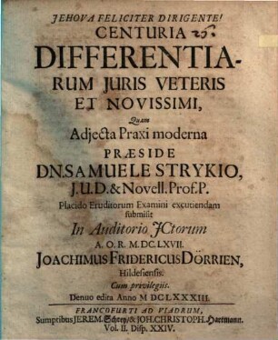 Centuria Differentiarum Juris Veteris Et Novissimi