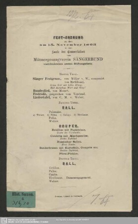 Festordnung zu dem am 15. November 1863 in dem Saale der Conversation vom Männergesangverein Sängerbund stattfindenden ersten Stiftungsfeste