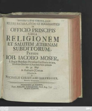 Dissertatio Circularis Ex Iure Naturæ, Divino Et Ecclesiastico De Officio Principis Circa Religionem Et Salutem Æternam Subditorum