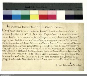 Profess des Frater Valentin Scheffer aus Fulda