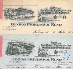 Rechnung der Fa. Georg Friedrich Rund mit Firmenansicht der Essigfabrik am Rosenberg