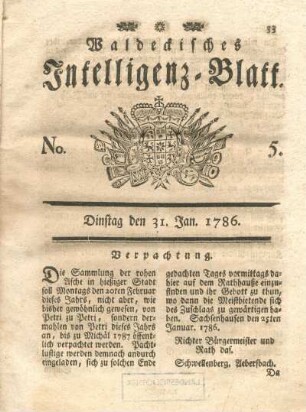 No. 5. Dinstag den 31. Jan. 1786