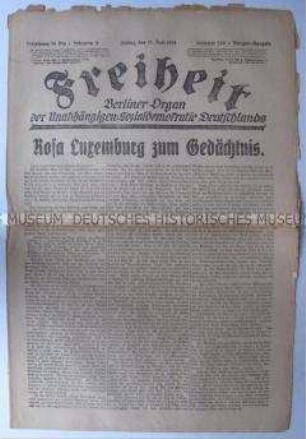 Tageszeitung der USPD Berlin "Freiheit" zur Beisetzung von Rosa Luxemburg