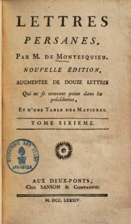 Oeuvres de Monsieur de Montesquieu, 6. Lettres persanes