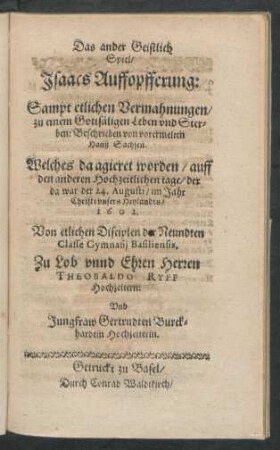 Das ander Geistlich Spiel/ Isaacs Auffopfferung