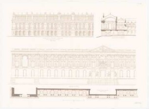 Schloss Versailles / Louvre, Paris: Ansich, Querschnitt Versailles, Ansicht, Fassadenschnitt horizontal Louvre (aus: Baukunst d. Renaissance in Frankreich, hrsg. v. Zeichenaussch. d. Stud. d. TH Berlin, 1875)