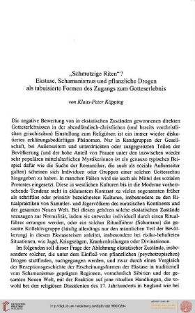 Klaus-Peter Köpping: "Schmutzige Riten"? - Ekstase, Schamanismus und pflanzliche Drogen als tabuisierte Formen des Zugangs zum Gotteserlebnis