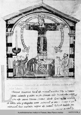 Codice Tucci-Tognetti oder del Volto Santo : Textseite mit Miniatur: Anbetung des Volto Santo