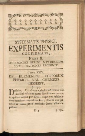 Systematis Physici Experimentis Confirmati, Pars II. Specialiores Rerum Naturalium Considerationes Proponit