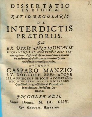 Dissertatio Ivridica, Ratio-Regularis De Interdictis Praetoriis