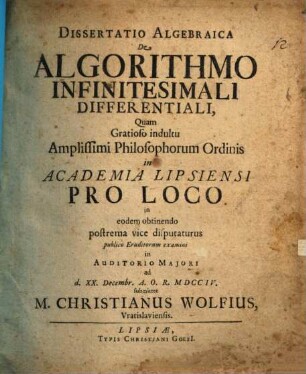 Dissertatio Algebraica De Algorithmo Infinitesimali Differentiali