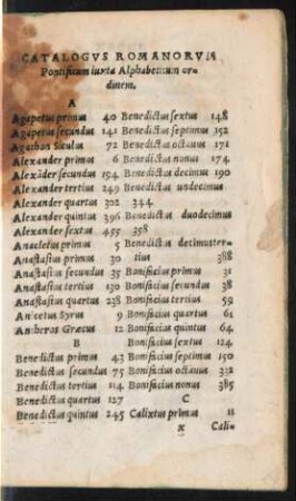 Catalogus Romanorum Pontificum iuxta Alphabeticum ordinem.