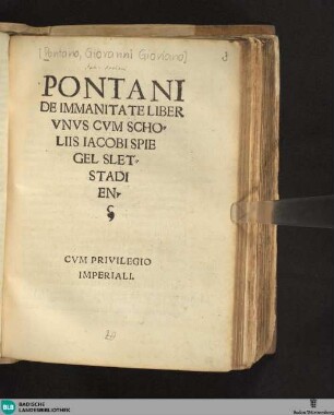 Pontani De Immanitate : Liber Vnvs