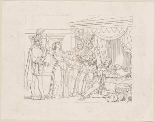 Zu Shakespeares "Othello", Blatt 12, 5. Akt, 2. Szene: Othello kniend vor der toten Desdemona hört entsetzt Emilias Anklage