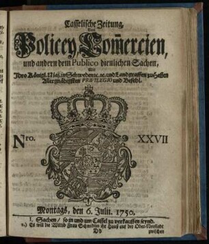 Nro. XXVII, Montags, den 6. Julii. 1750