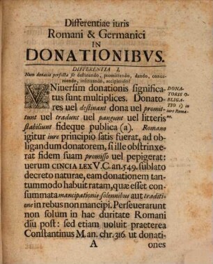 Dissertatio Inavgvralis De Differentiis iuris Romani & Germanici In Donationibvs Et, Barbari Adnexvs, Acceptatione
