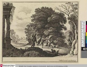 [Landschaft mit Hirten die neben einer Ruine tanzen]
