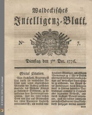 No. 7. Dienstag den 3ten Dec. 1776