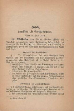 Gesetz, betreffend die Erbschaftssteuer. Vom 30. Mai 1873.