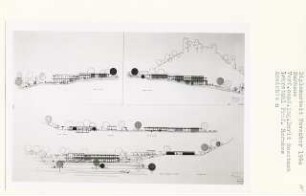 Kurhaus, Badenweiler (Diplomarbeit bei Bernhard Hermkes): Kurhaus, Wandelhalle, Musikpavillon, Ansichten von Osten, Westen, Süden, Norden und Schnitte 1:200