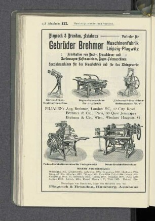 Karton-Ecken-Drahtheftmaschine. Bogen-Falzmaschine für 1-4 Bruch. "Universal"-Broschüren-Heftmaschine Nr. 7½. Faden-Buchheftmaschine für Verlagswerke. Draht-Buchheftmaschine