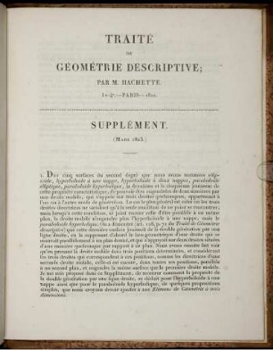 Suppl.: Traité de Géométrie Descriptive. Suppl.