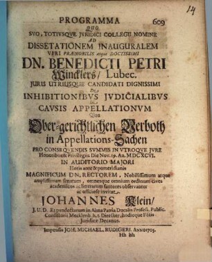 Programma quo ... ad diss. inaug. Bened. Petr. Wincklers ... De Inhibitionibus Iudicialibus In Causis Appellationum Von Ober-gerichtlichen Verboth in Appellations-Sachen ... invitat